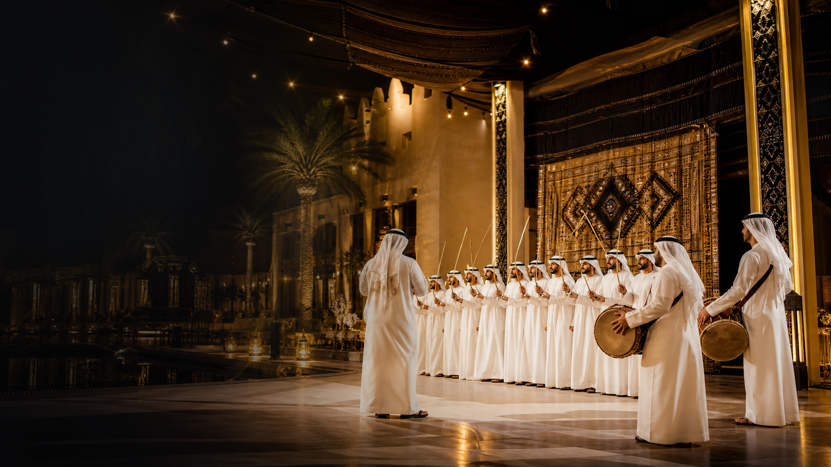 Luxury Emirati heritage performance setting with performers and drums